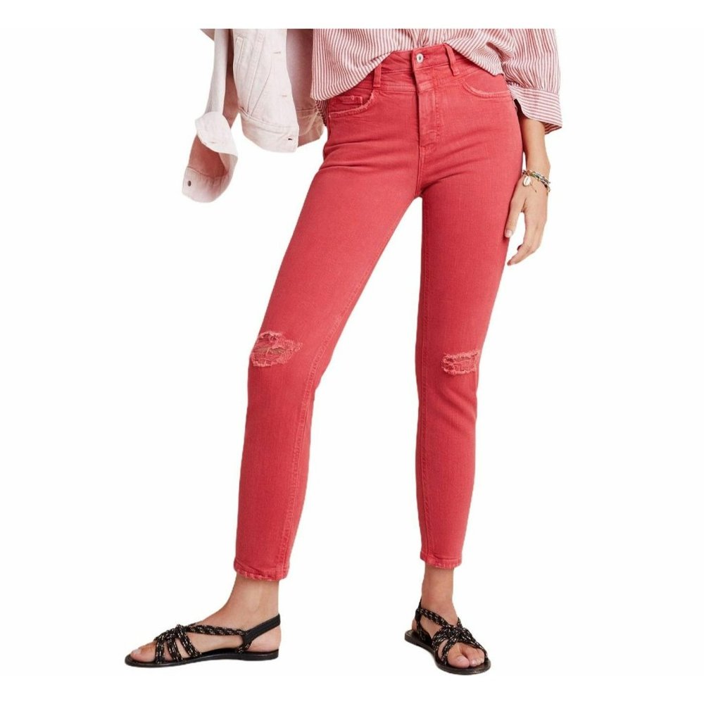 Pilcro Anthropologie red ultra high rise slim straight ripped jeans 26 MSRP 138
